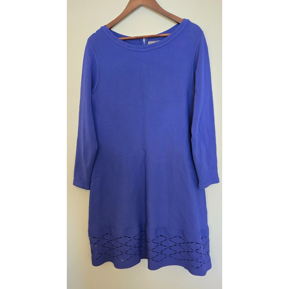 Lela Rose Blue Fit and Flare Dress XL Knit Viscose Laser Cut Hem Classic Quality
